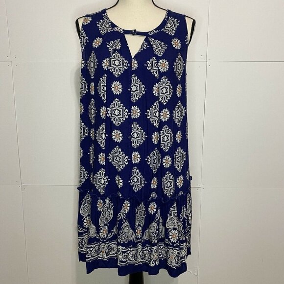 Umgee Small Sleeveless Lace Back Ruffle Tunic Swing Dress Blue Keyhole Neckline - Picture 1 of 10